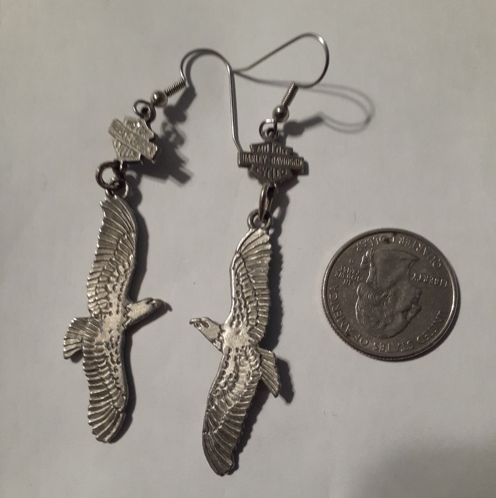 Harley Davidson Eagle Flight Silvertone Dangle Earrings